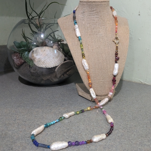 Long Colorful Pearl Gemstone Necklace - Picture 9 of 15